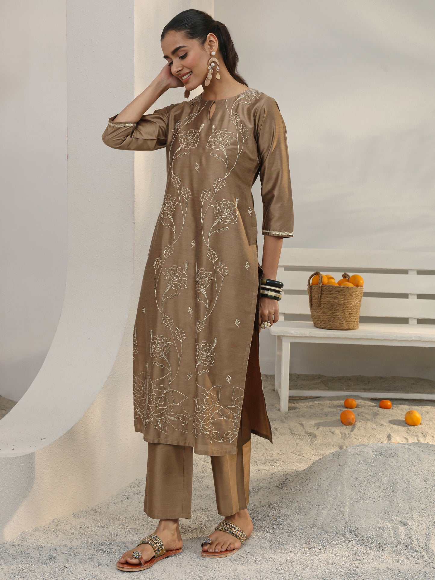Libas Brown Floral Embroidered Silk Blend Straight Kurta Set