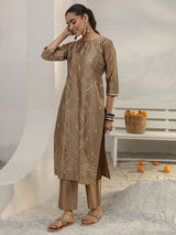 Libas Brown Floral Embroidered Silk Blend Straight Kurta Set