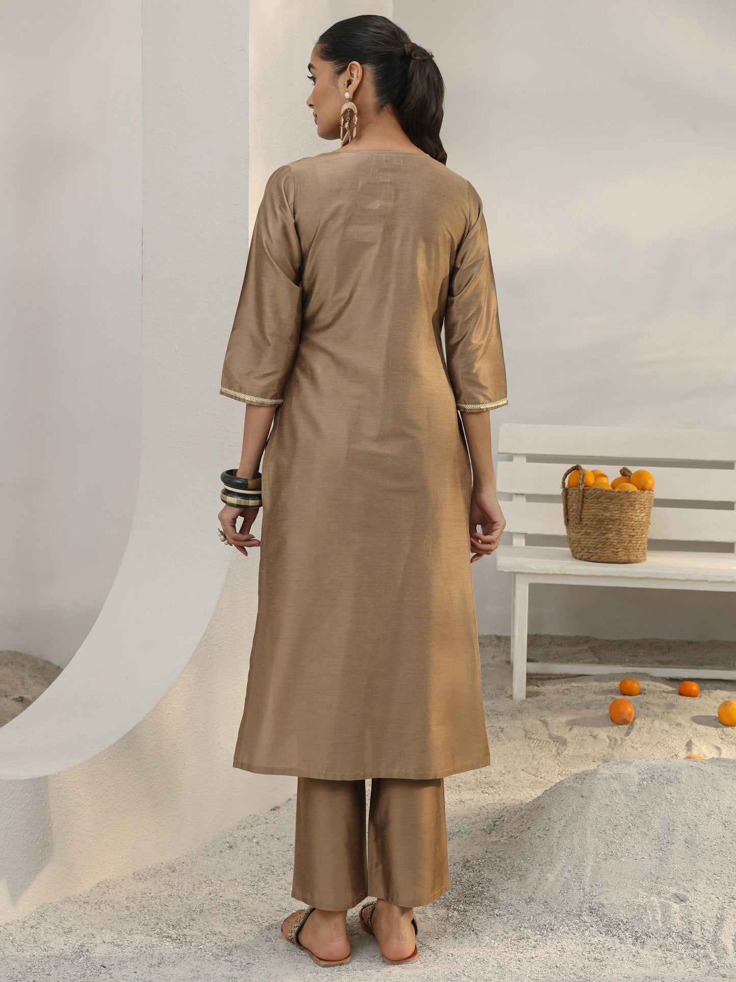 Libas Brown Floral Embroidered Silk Blend Straight Kurta Set