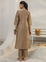 Libas Brown Floral Embroidered Silk Blend Straight Kurta Set