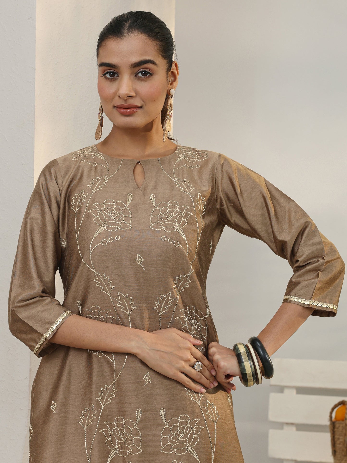 Libas Brown Floral Embroidered Silk Blend Straight Kurta Set