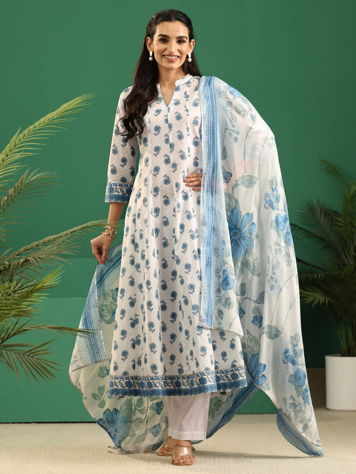 Mameraa White Floral Printed Cotton Anarkali Suit Set