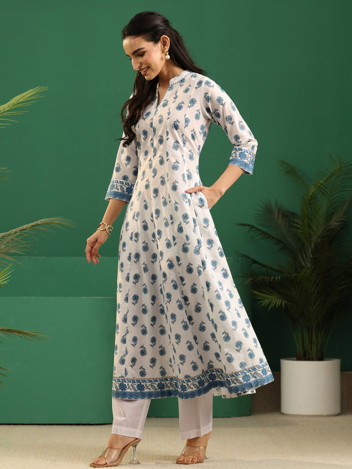 Mameraa White Floral Printed Cotton Anarkali Suit Set