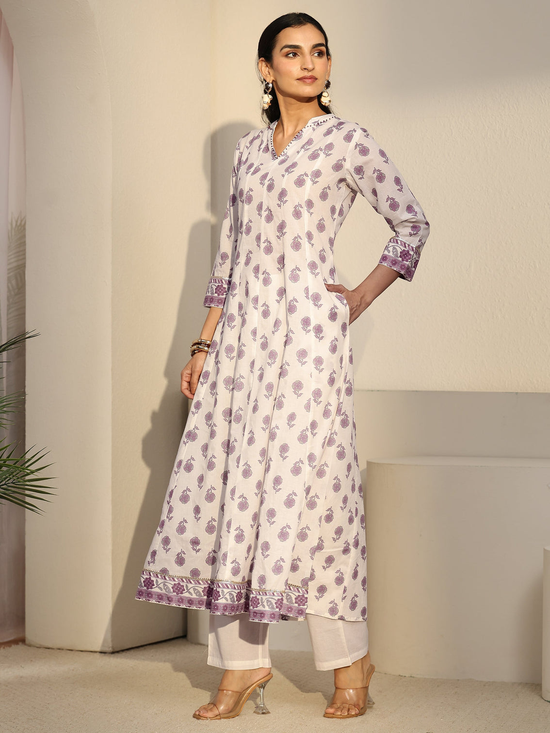 Mameraa White Floral Printed Cotton Anarkali Suit Set