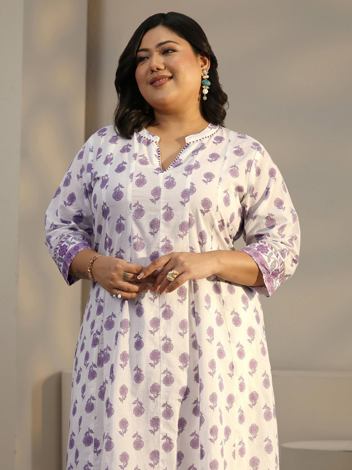 Plus Size White Floral Printed Anarkali Suit Set
