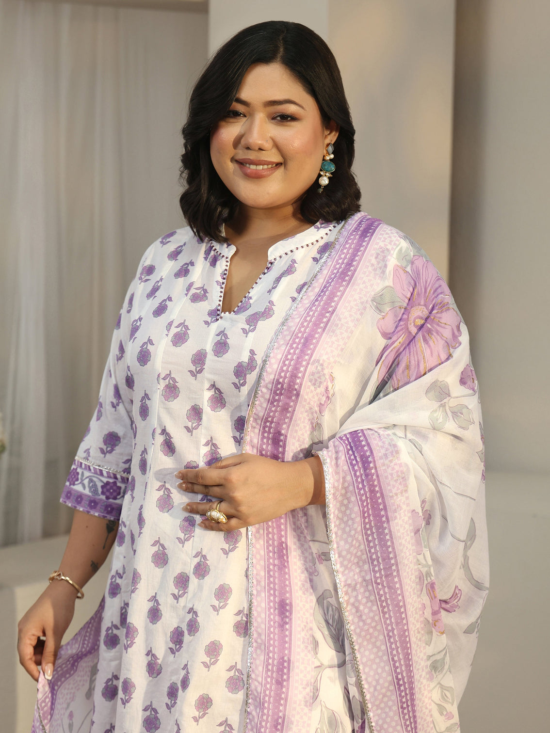 Plus Size White Floral Printed Anarkali Suit Set