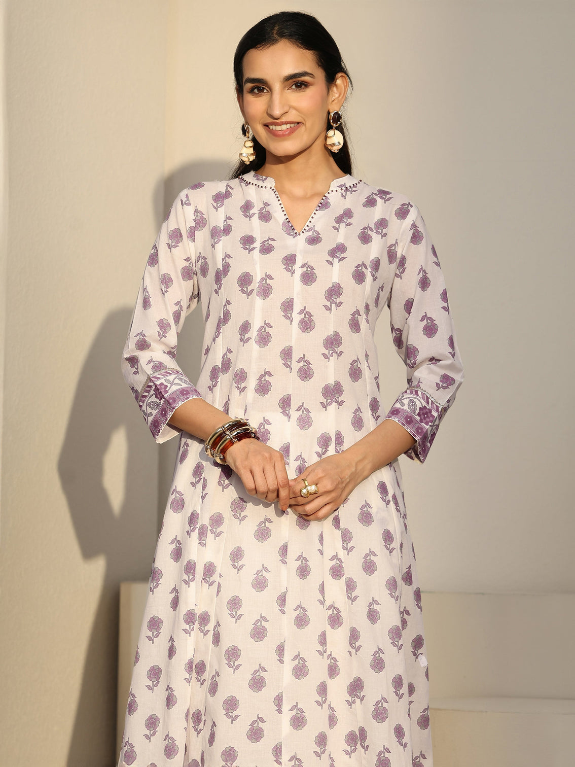 Mameraa White Floral Printed Cotton Anarkali Suit Set