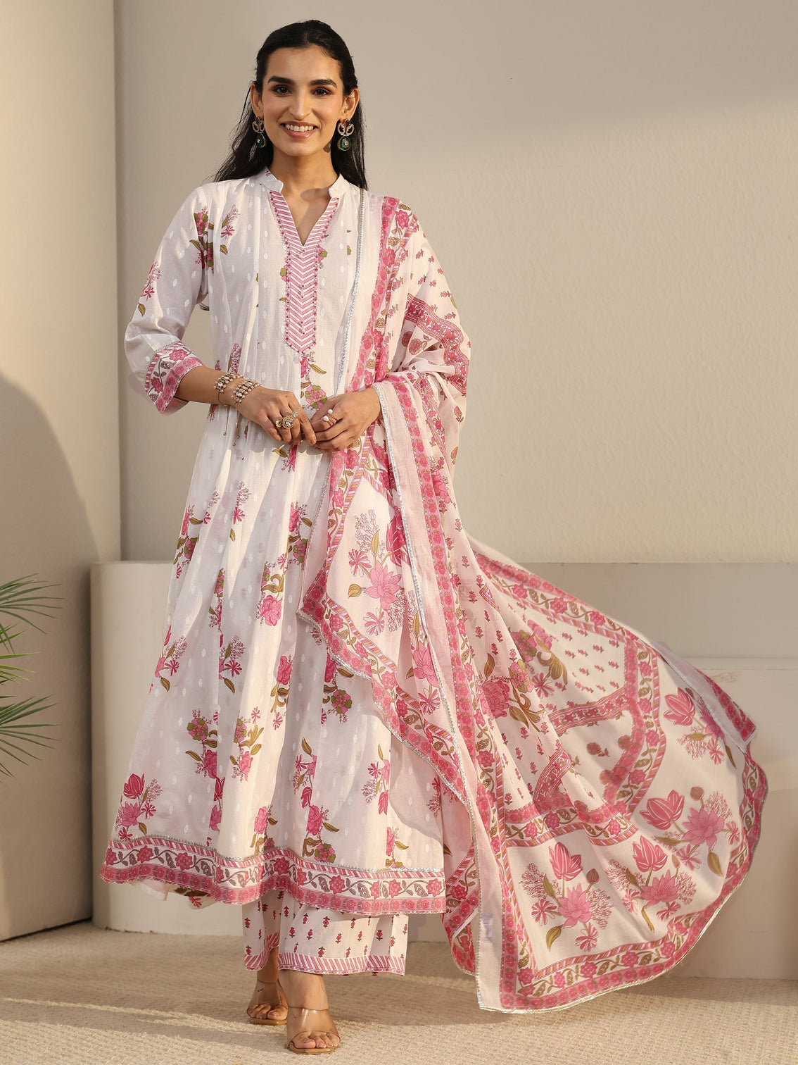Mameraa White Floral Printed Cotton Anarkali Suit Set