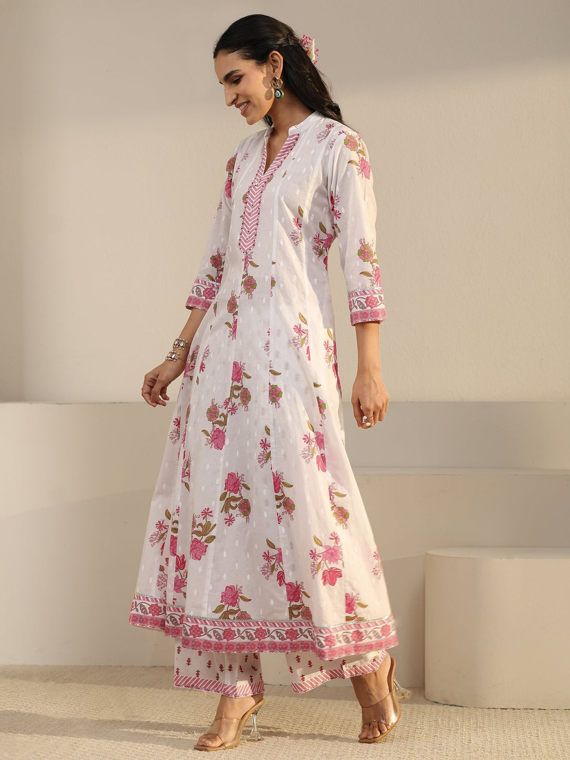 Mameraa White Floral Printed Cotton Anarkali Suit Set