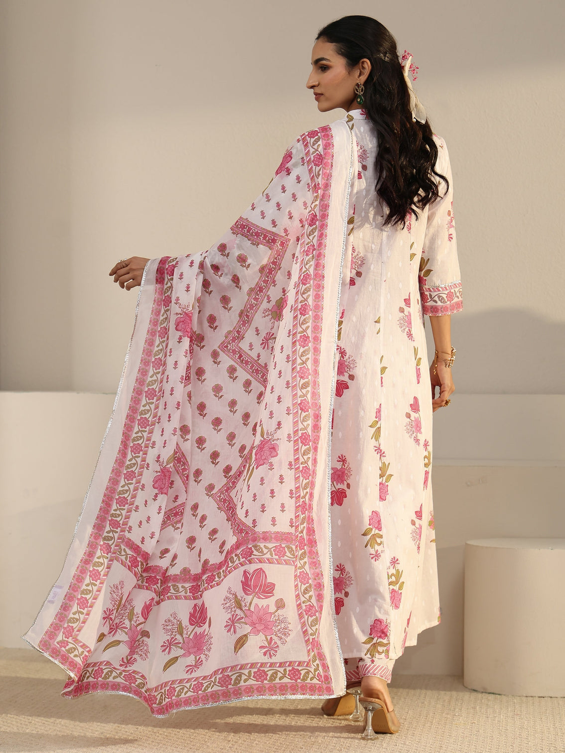 Mameraa White Floral Printed Cotton Anarkali Suit Set
