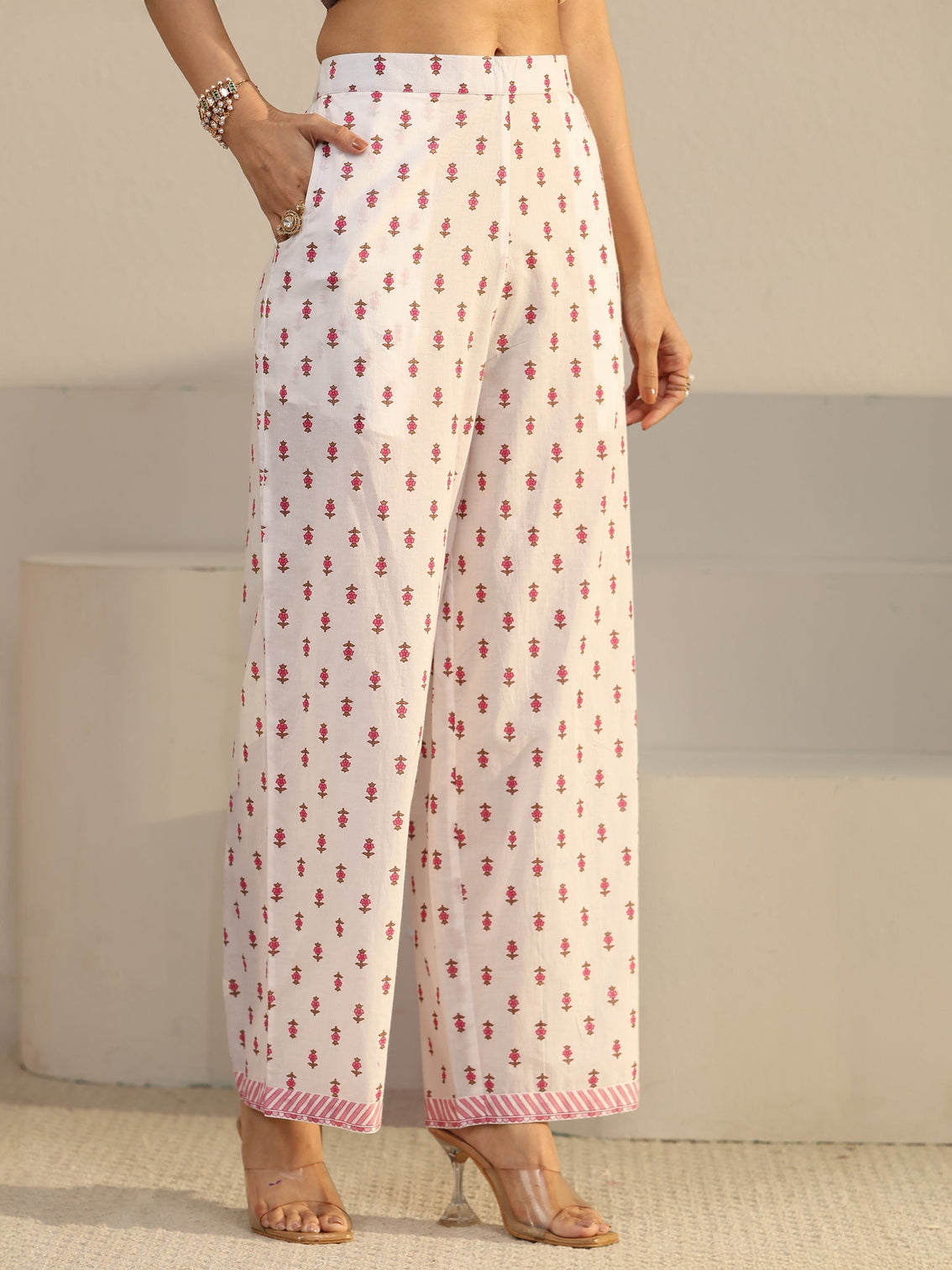 Mameraa White Floral Printed Cotton Anarkali Suit Set