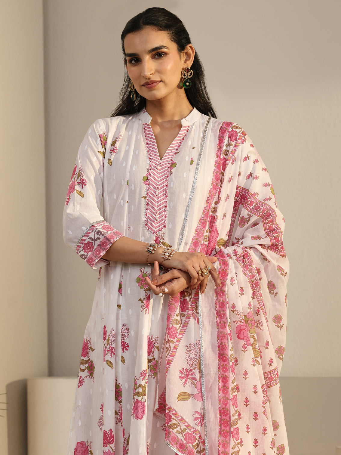 Mameraa White Floral Printed Cotton Anarkali Suit Set