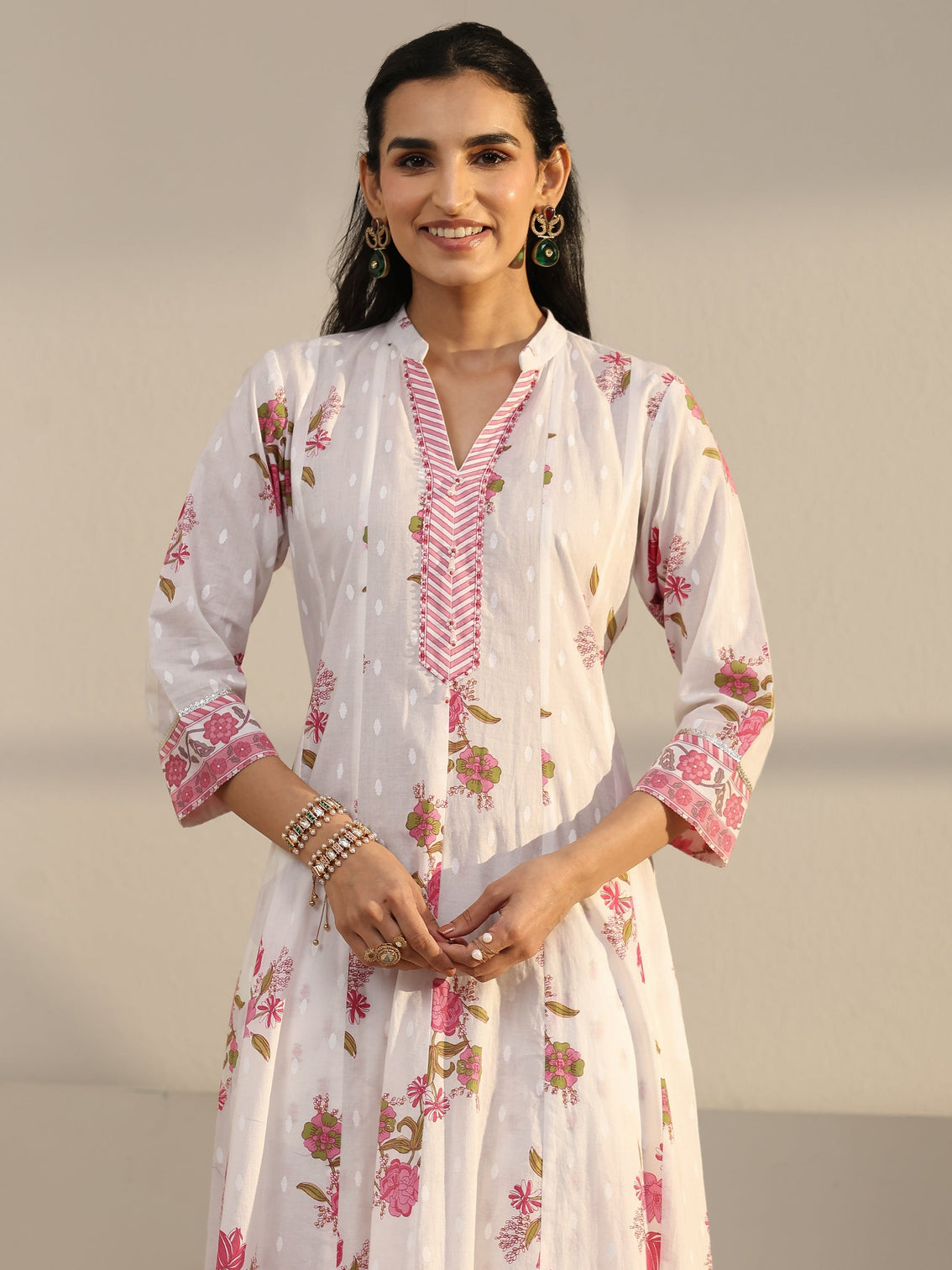 Mameraa White Floral Printed Cotton Anarkali Suit Set
