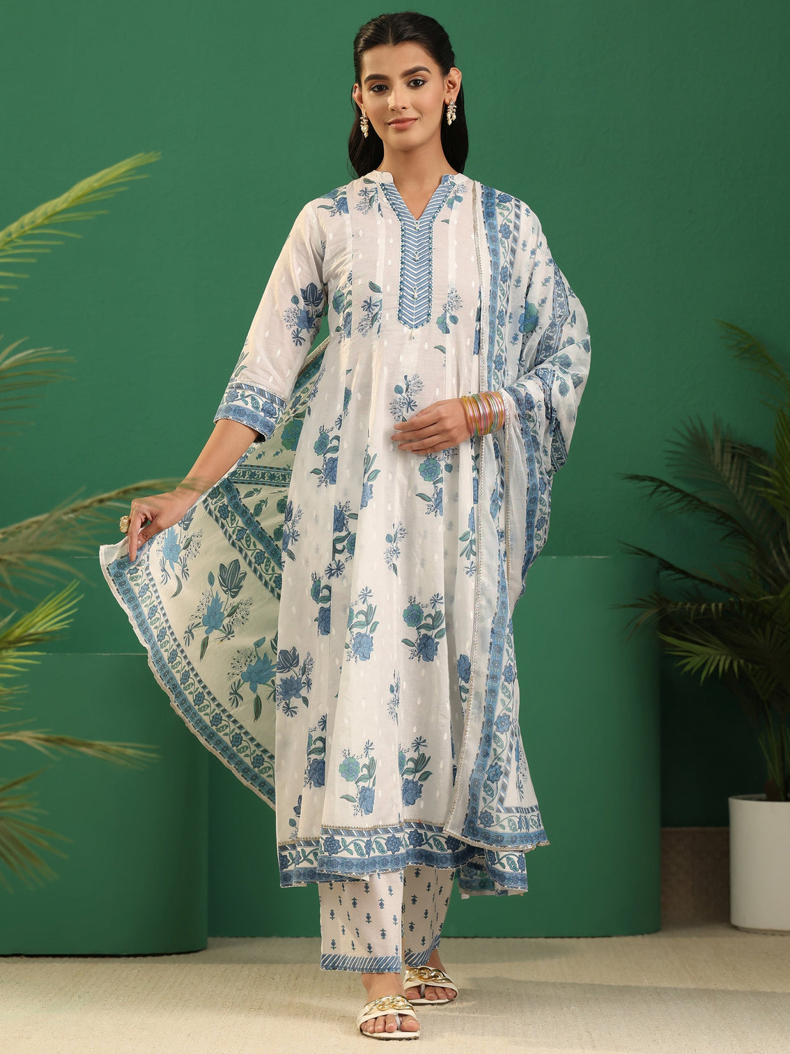 Mameraa White Floral Printed Cotton Anarakali Suit Set