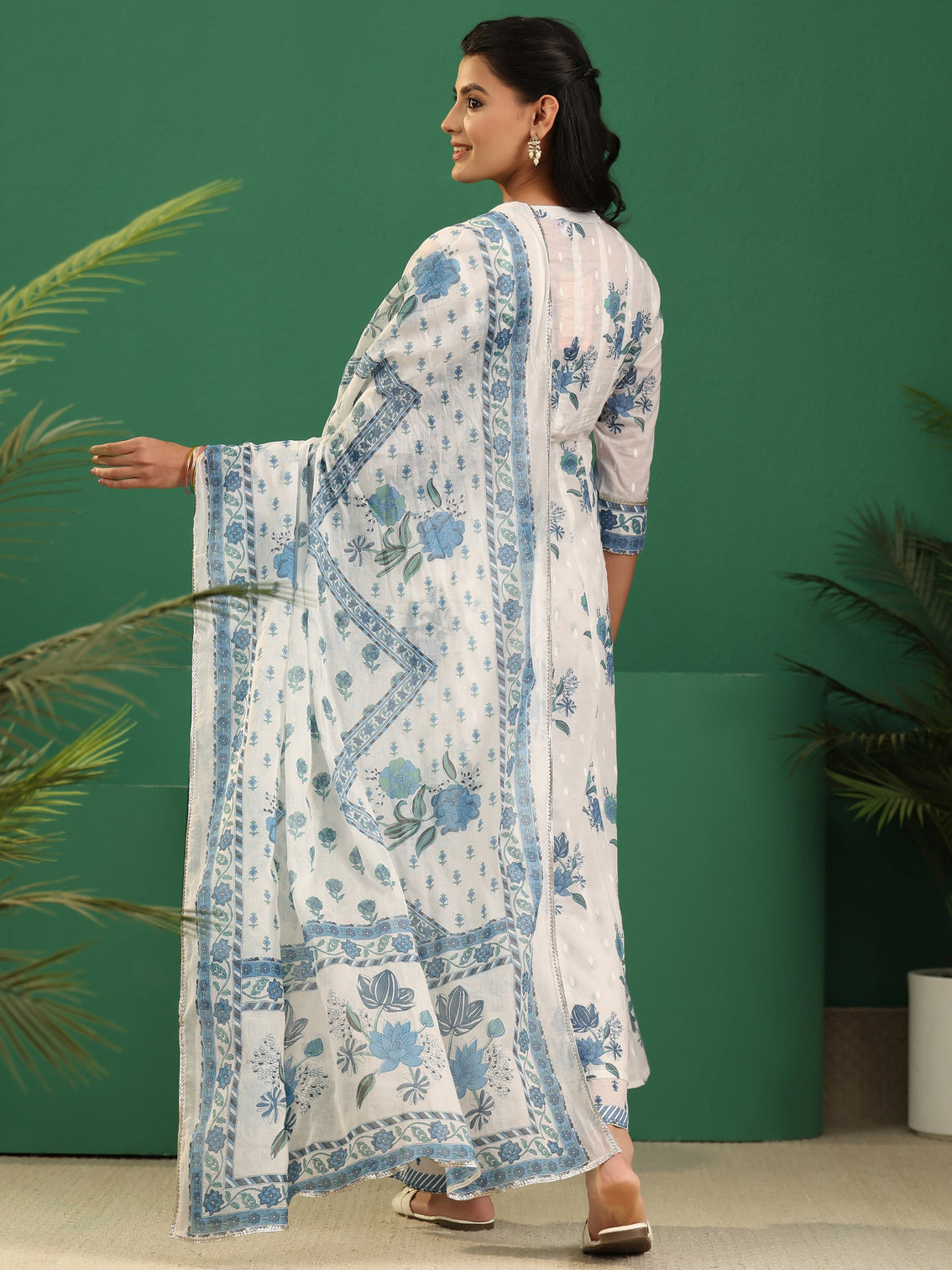 Mameraa White Floral Printed Cotton Anarakali Suit Set