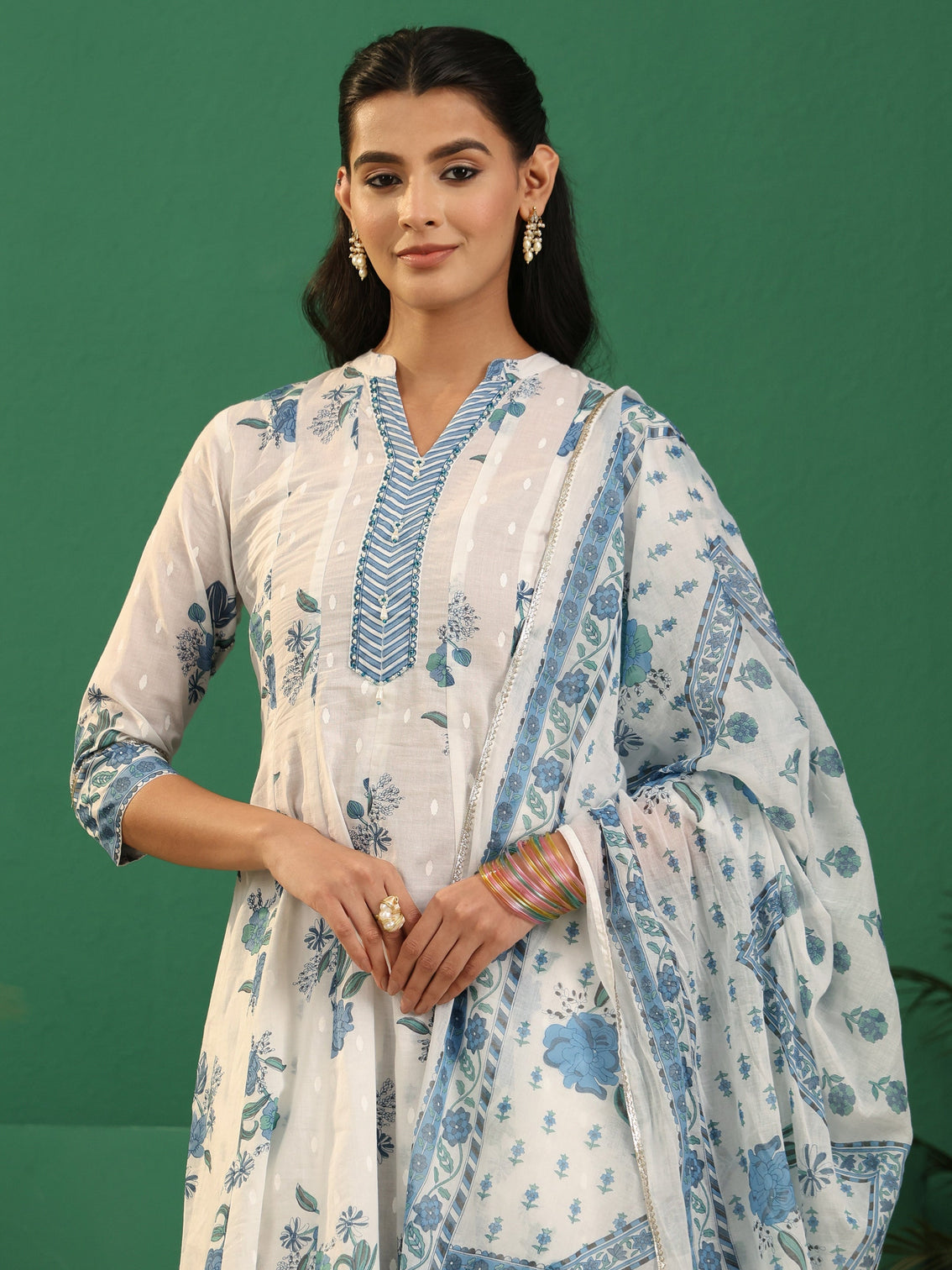 Mameraa White Floral Printed Cotton Anarakali Suit Set
