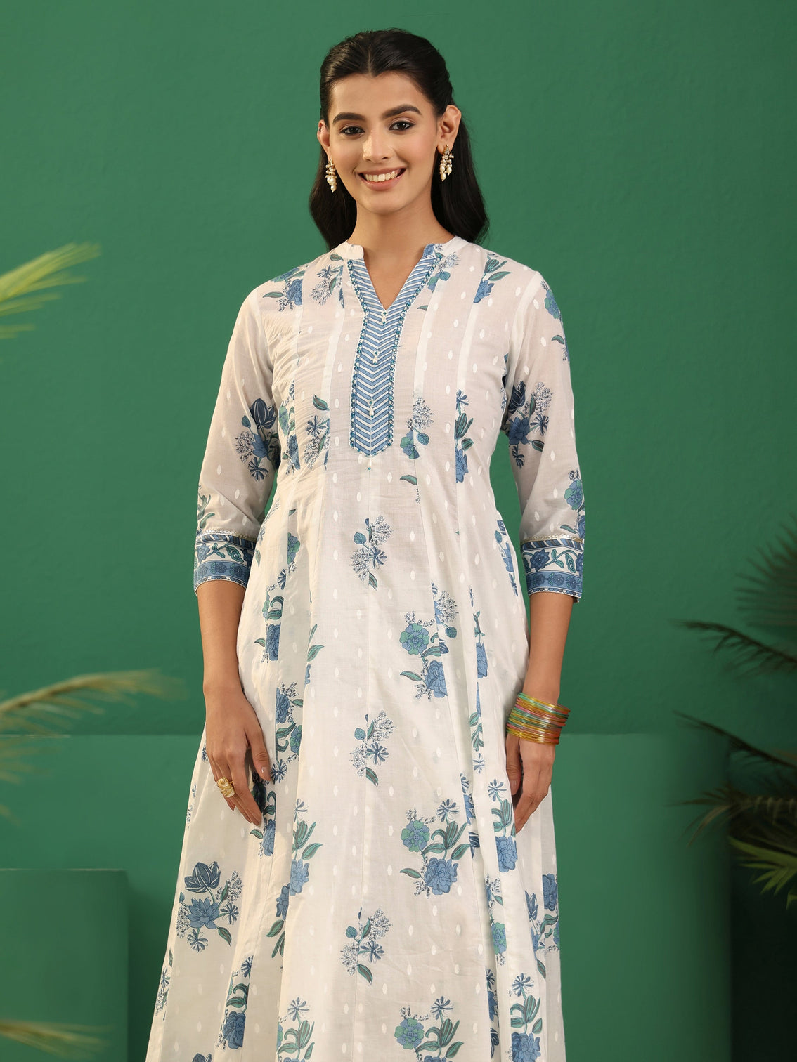 Mameraa White Floral Printed Cotton Anarakali Suit Set