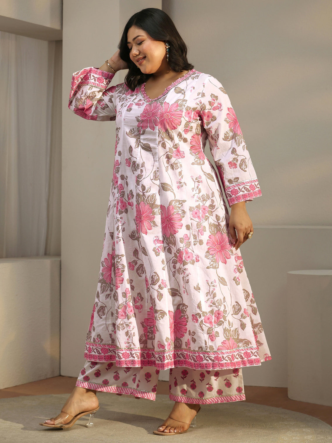 Plus Size White Floral Printed Cotton Anarkali Suit Set