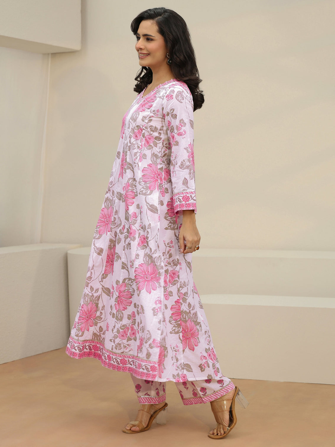 Mameraa White Floral Printed Cotton Anarkali Suit Set