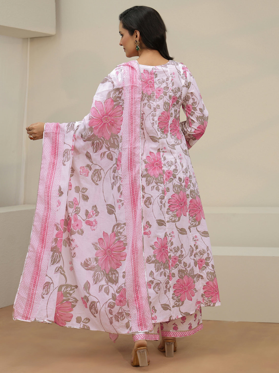 Mameraa White Floral Printed Cotton Anarkali Suit Set
