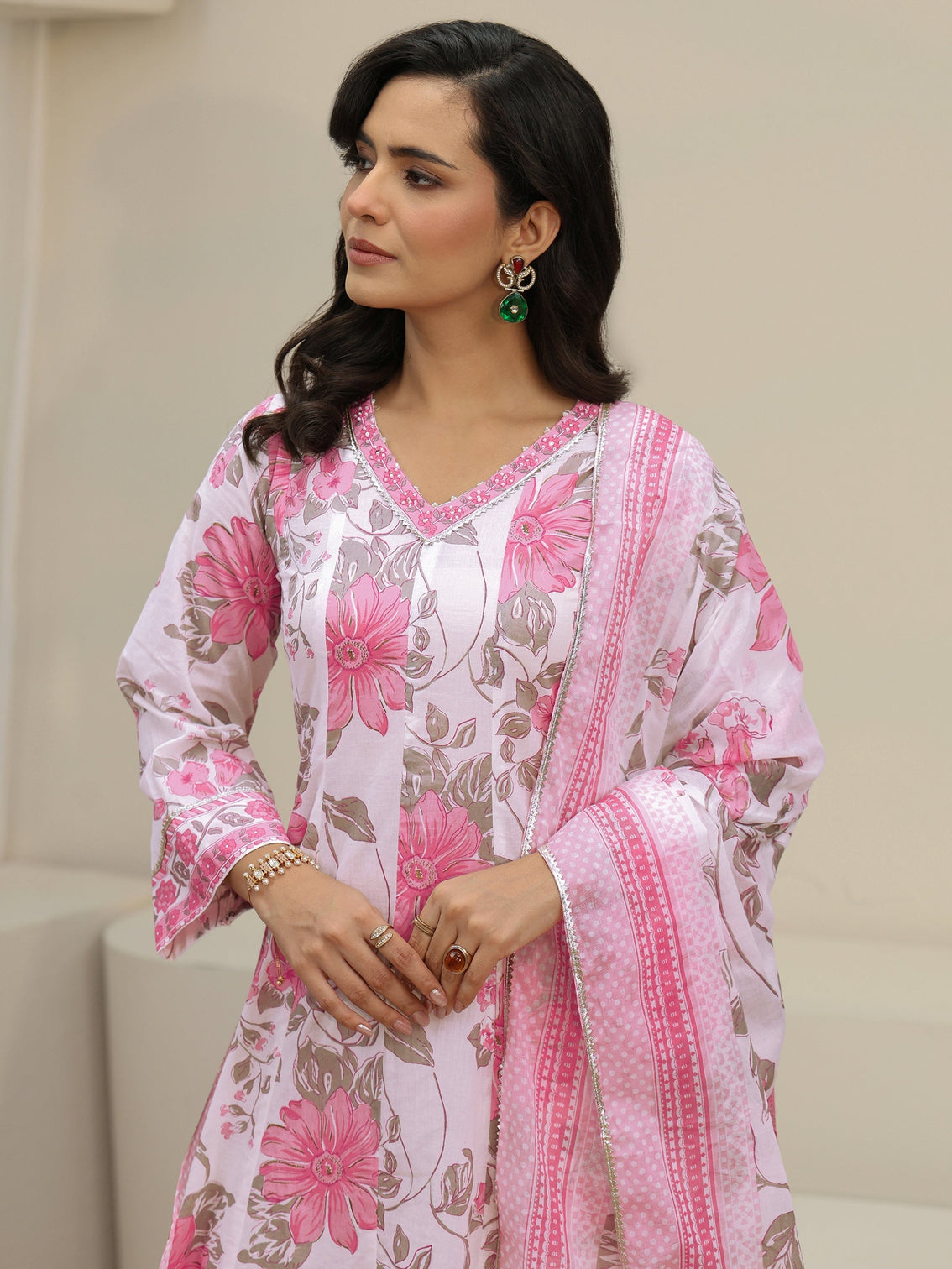 Mameraa White Floral Printed Cotton Anarkali Suit Set