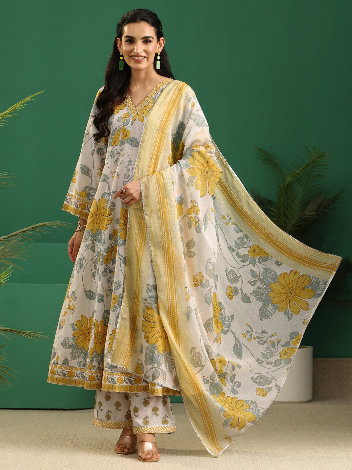 Mameraa White Floral Printed Cotton Anarkali Suit Set