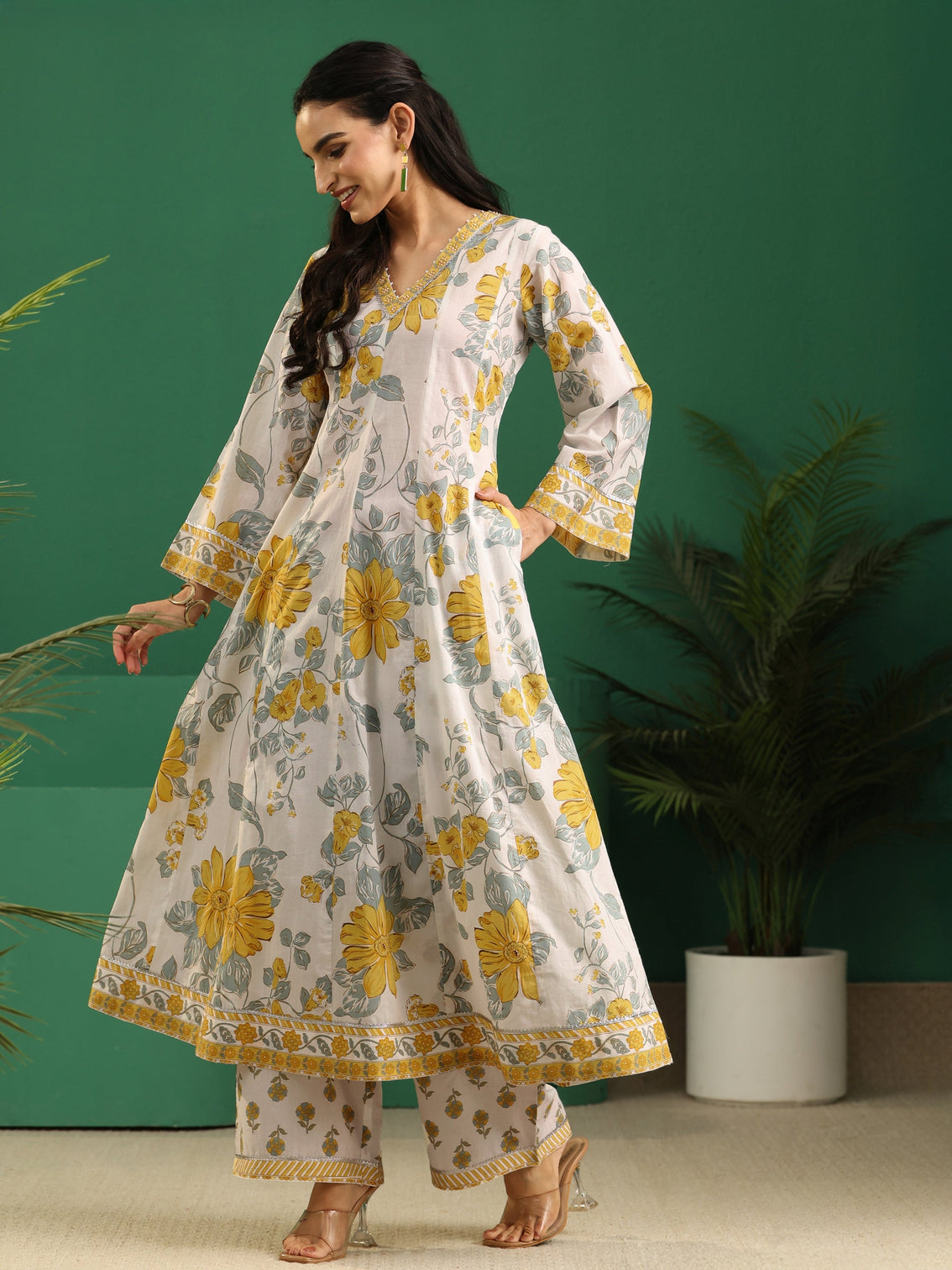 Mameraa White Floral Printed Cotton Anarkali Suit Set