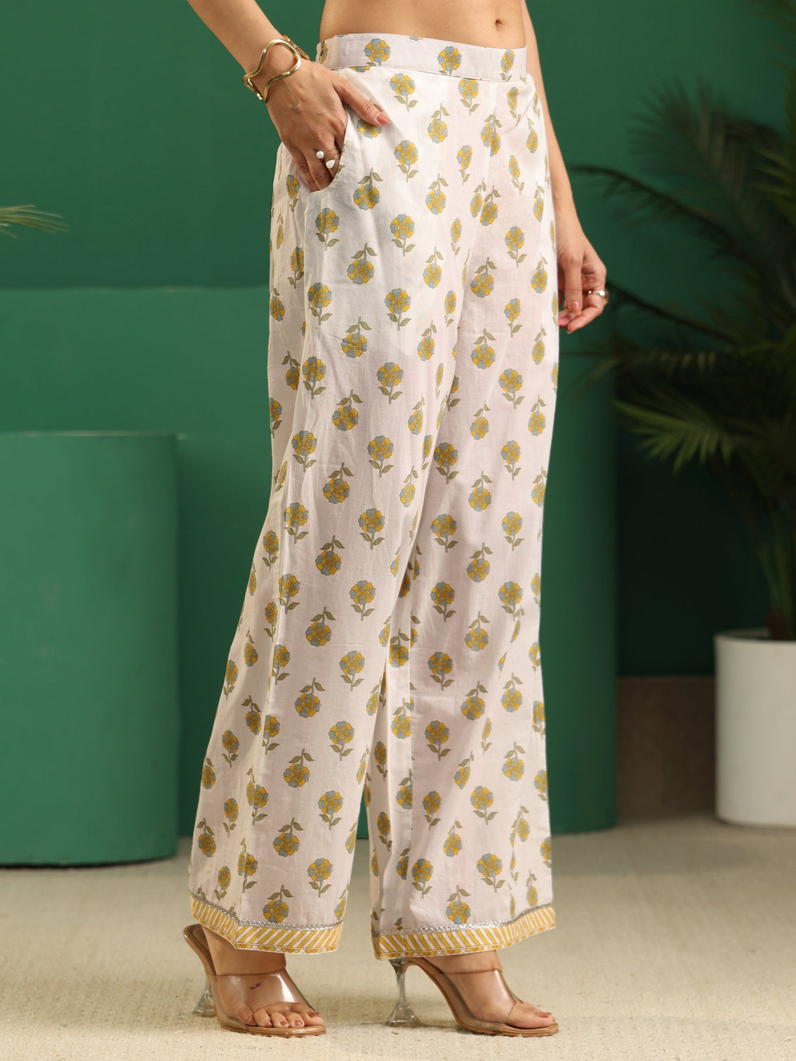 Mameraa White Floral Printed Cotton Anarkali Suit Set