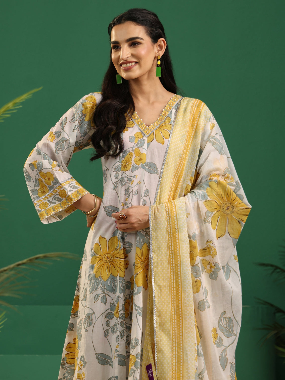 Mameraa White Floral Printed Cotton Anarkali Suit Set