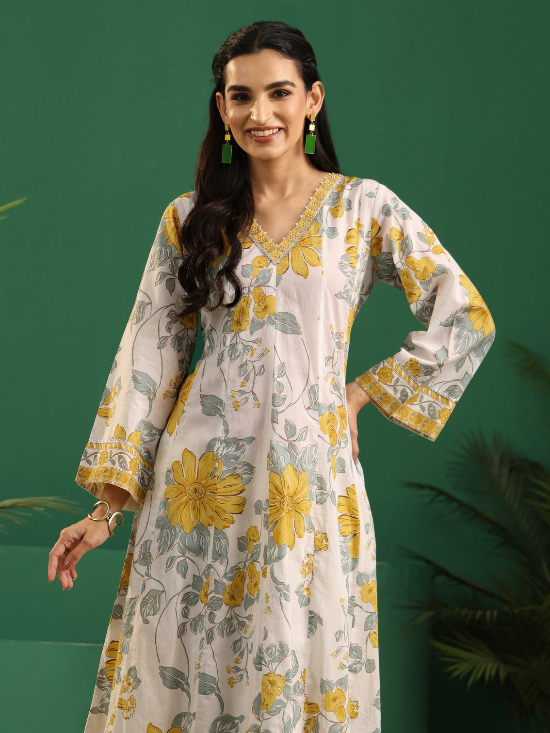 Mameraa White Floral Printed Cotton Anarkali Suit Set
