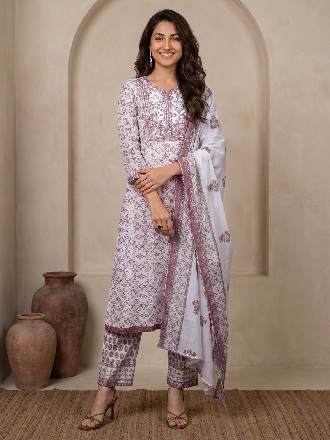 Mameraa White Floral Printed Cotton A-Line Suit Set