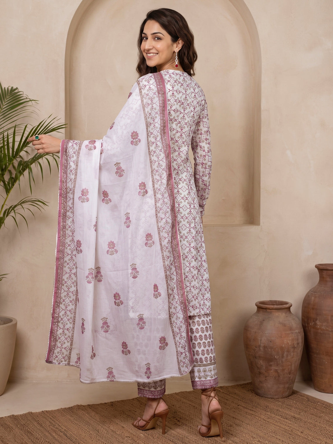 Mameraa White Floral Printed Cotton A-Line Suit Set
