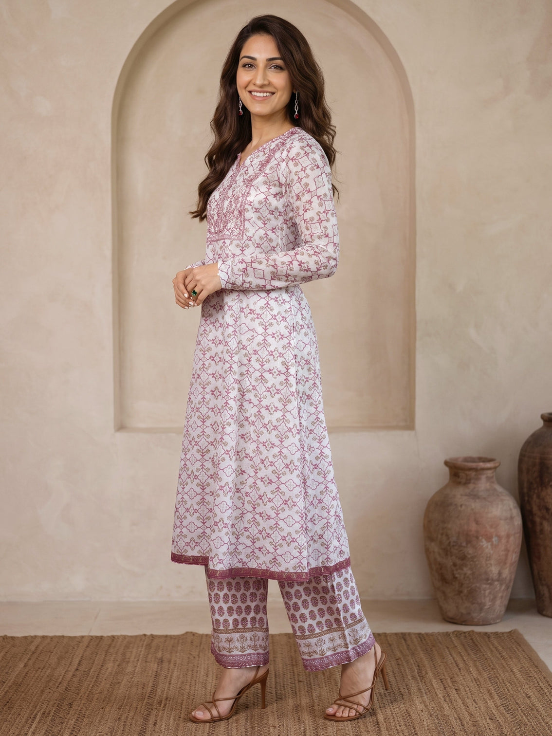 Mameraa White Floral Printed Cotton A-Line Suit Set