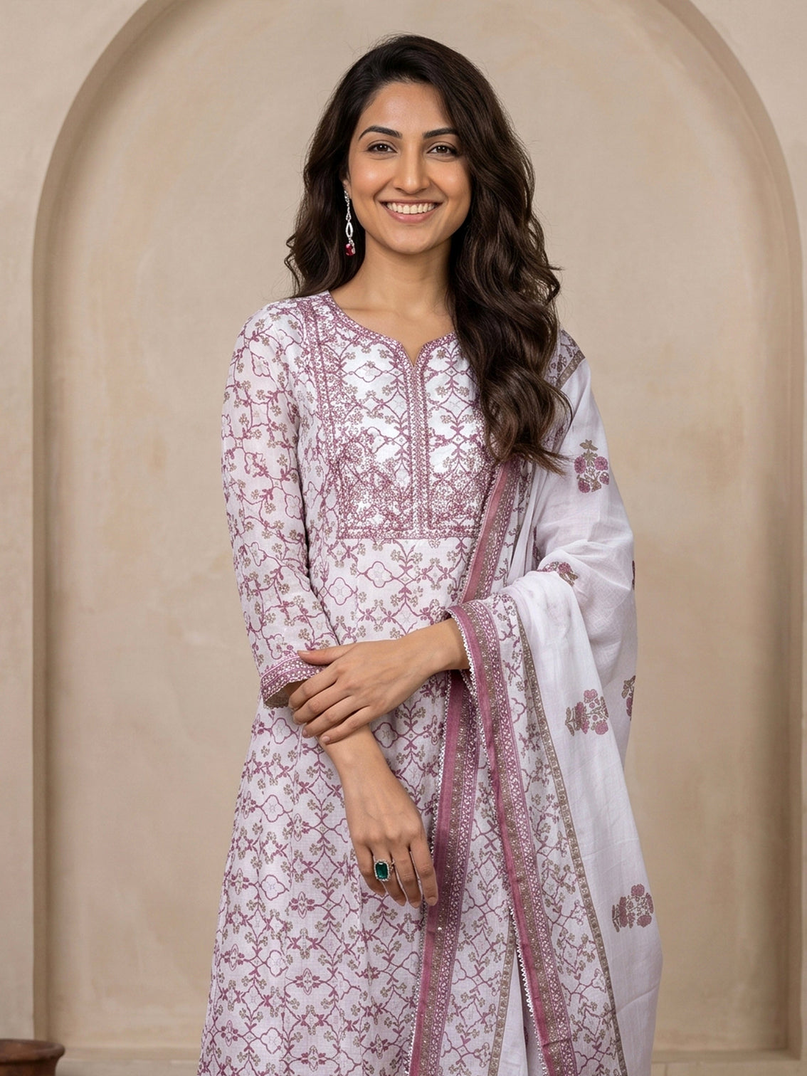 Mameraa White Floral Printed Cotton A-Line Suit Set