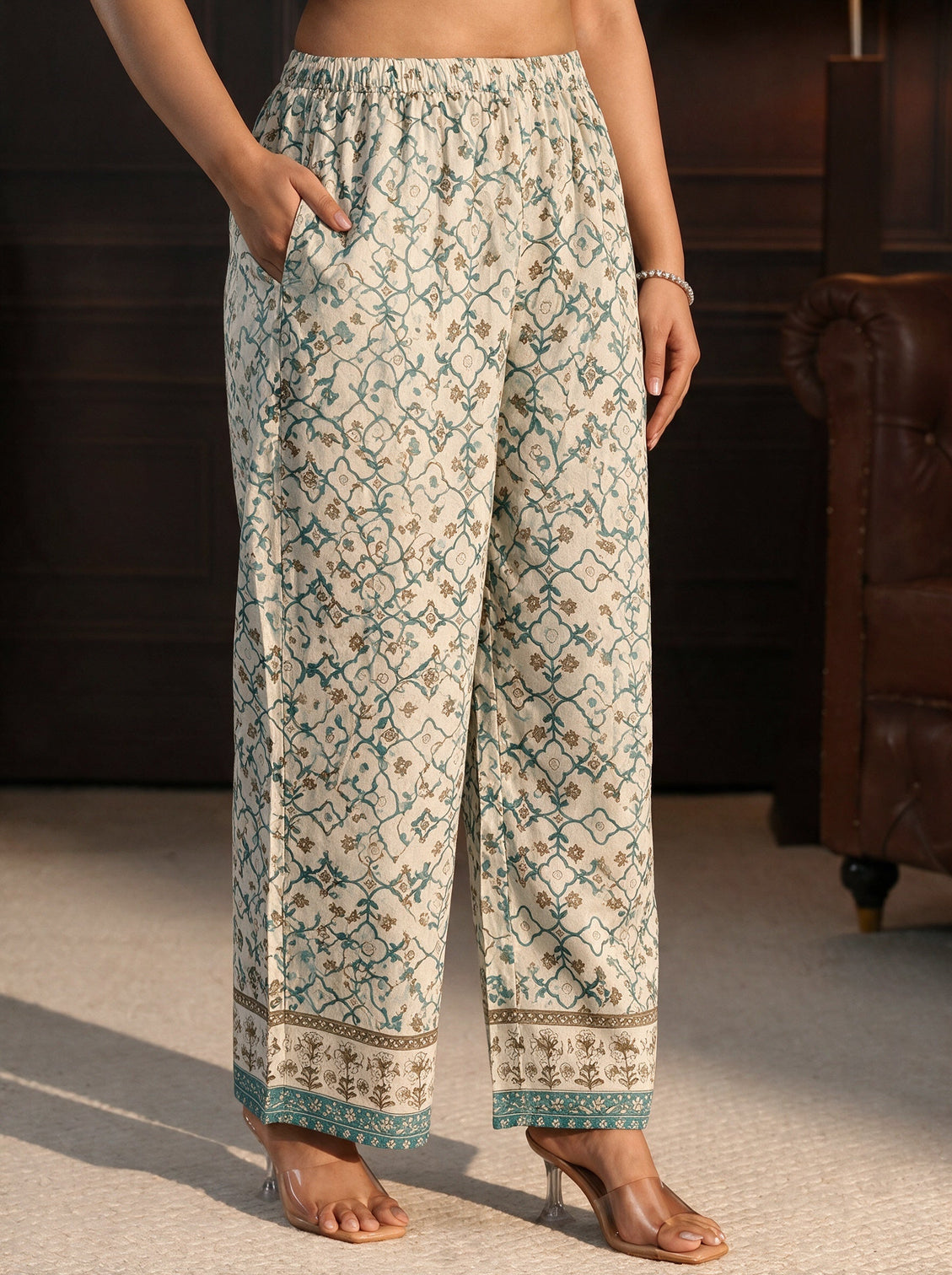 Plus Size White Floral Printed Cotton Anarkali Suit Set