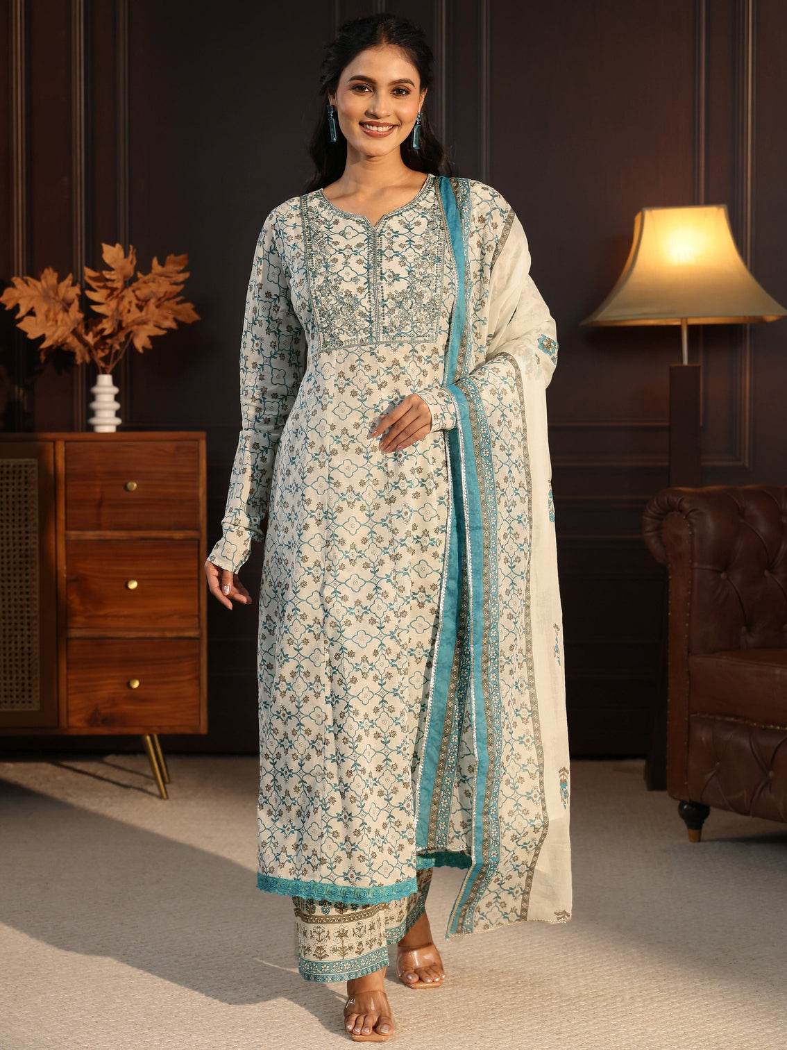 Mameraa White Floral Printed Cotton Anarkali Suit Set