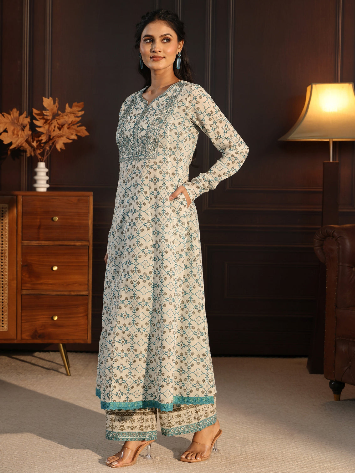 Mameraa White Floral Printed Cotton Anarkali Suit Set