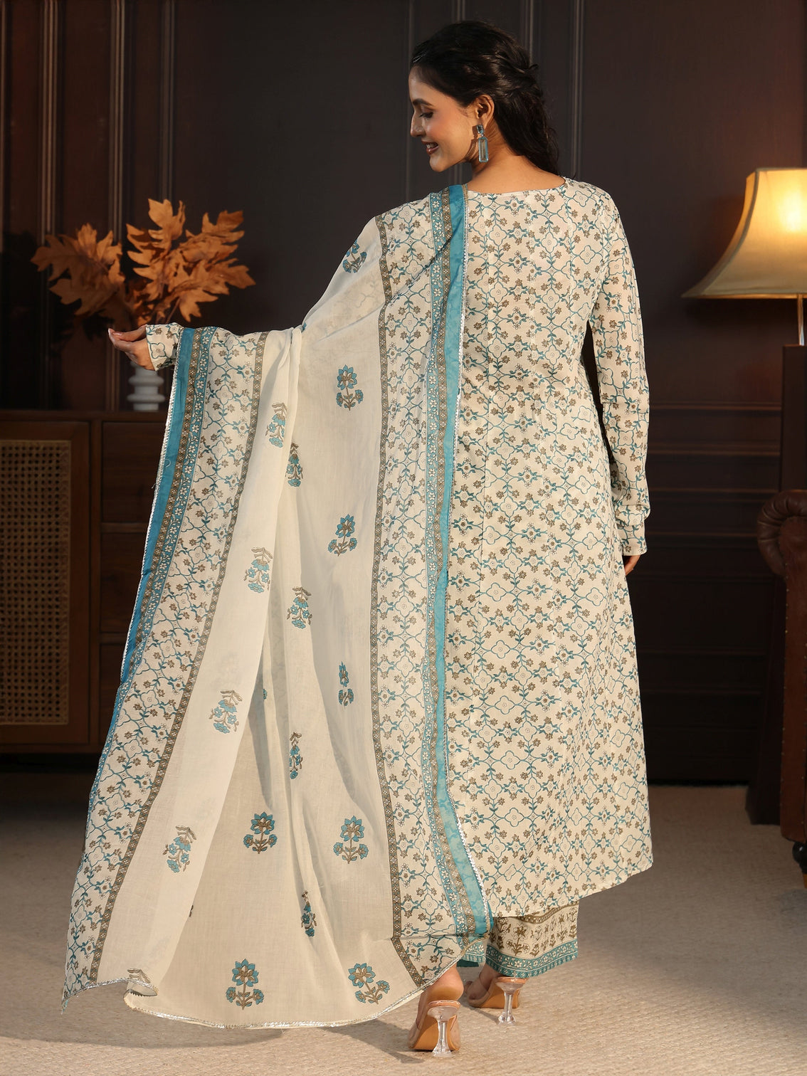 Mameraa White Floral Printed Cotton Anarkali Suit Set