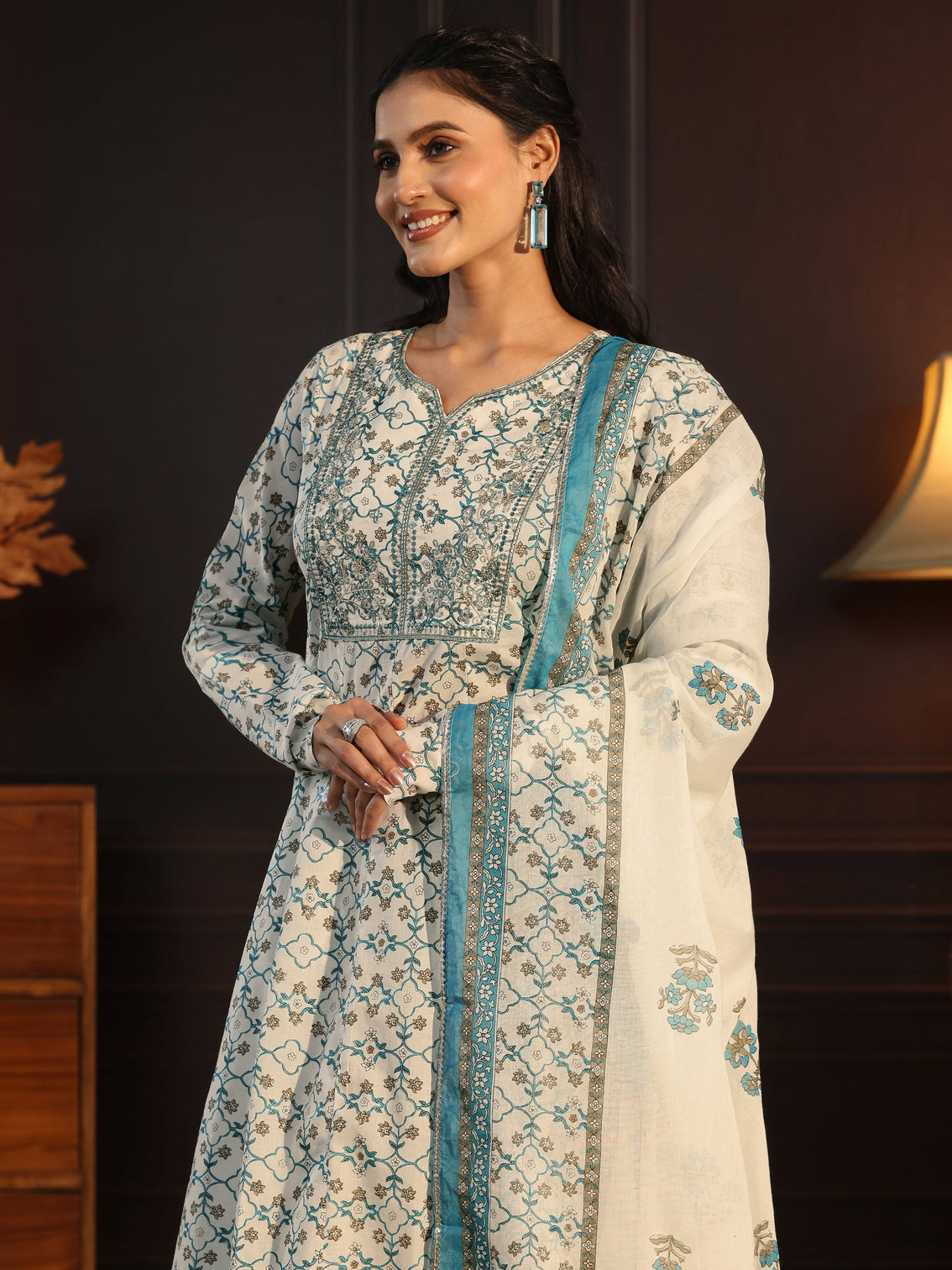 Mameraa White Floral Printed Cotton Anarkali Suit Set