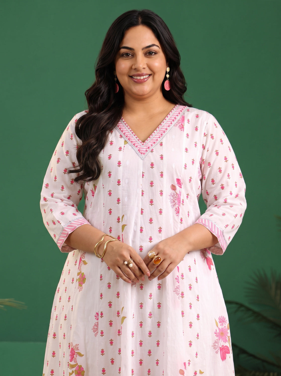 Plus Size White Floral Printed Cotton Anarkali Suit Set
