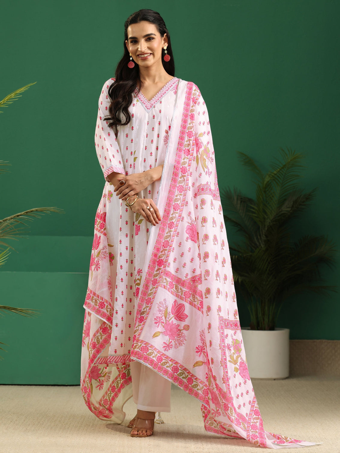 Mameraa White Floral Printed Cotton Anarkali Suit Set