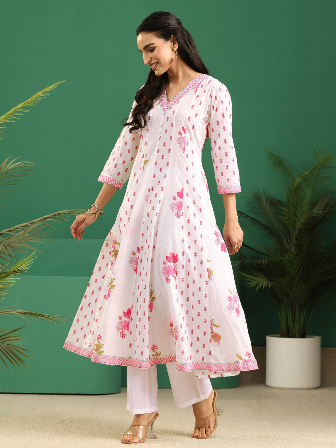 Mameraa White Floral Printed Cotton Anarkali Suit Set