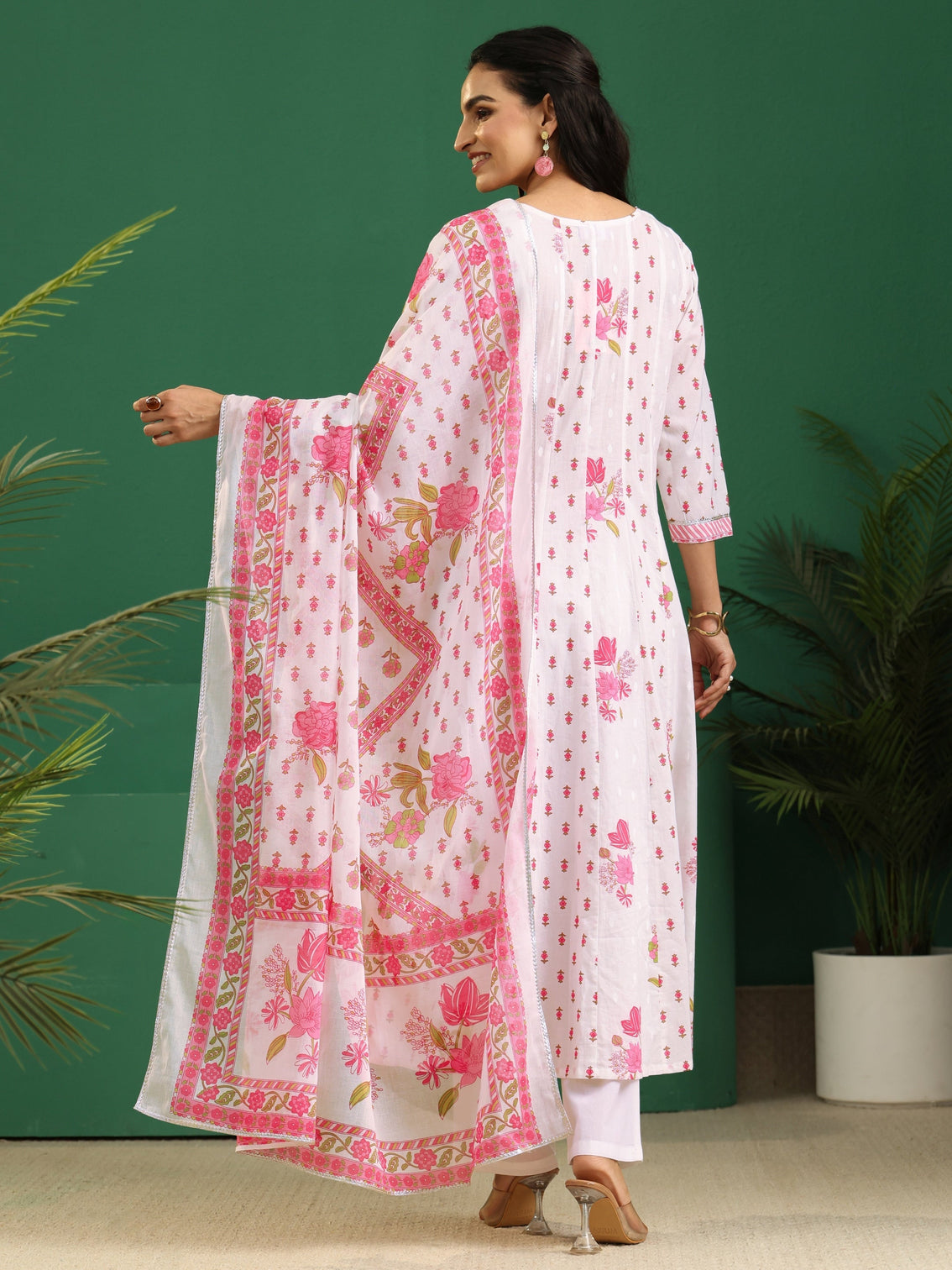 Mameraa White Floral Printed Cotton Anarkali Suit Set