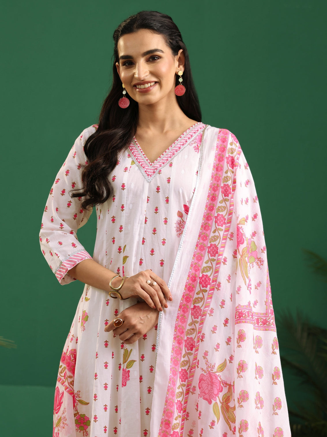 Mameraa White Floral Printed Cotton Anarkali Suit Set