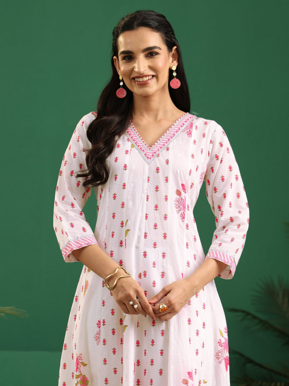 Mameraa White Floral Printed Cotton Anarkali Suit Set