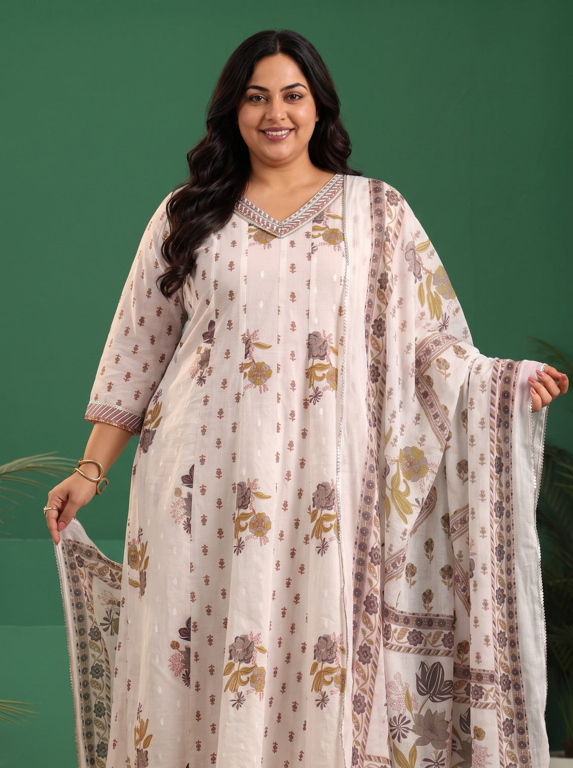Plus Size Off White Floral Printed Cotton Anarkali Suit Set