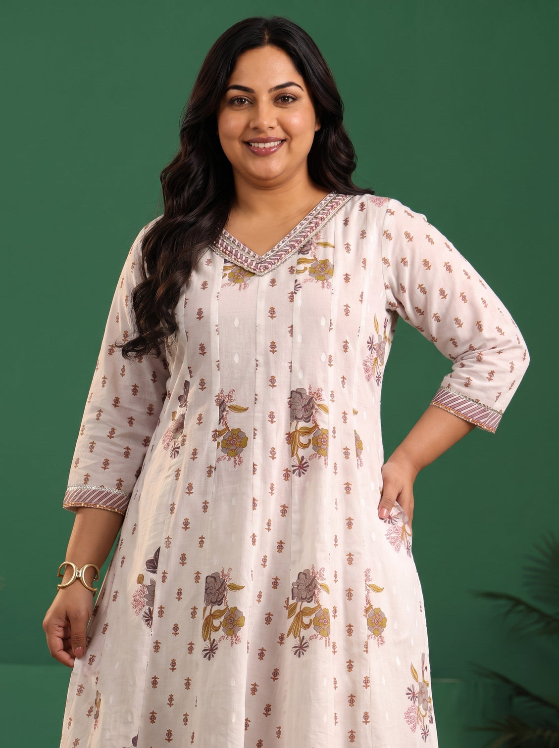 Plus Size Off White Floral Printed Cotton Anarkali Suit Set