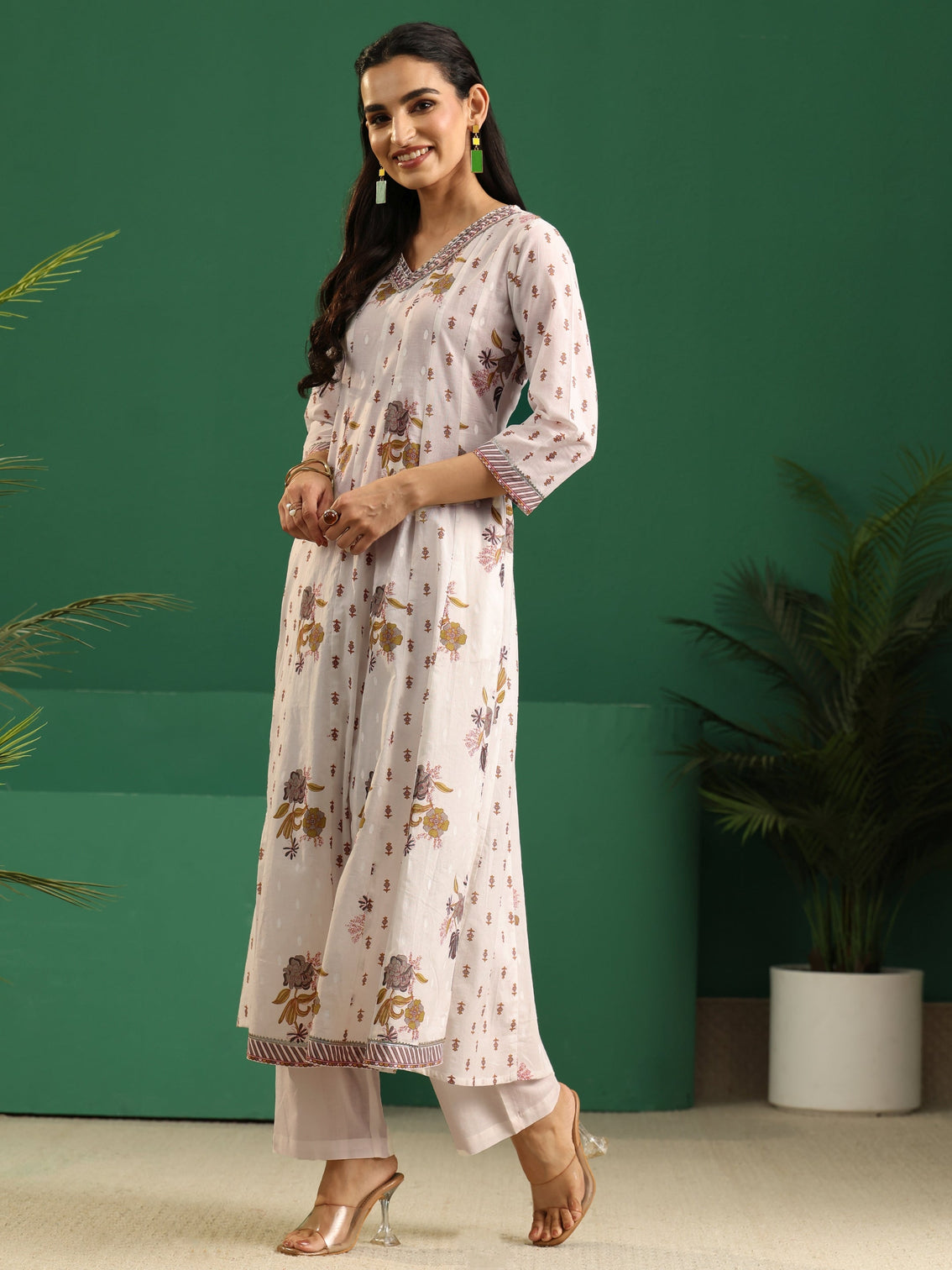 Mameraa Off White Floral Printed Cotton Anarkali Suit Set