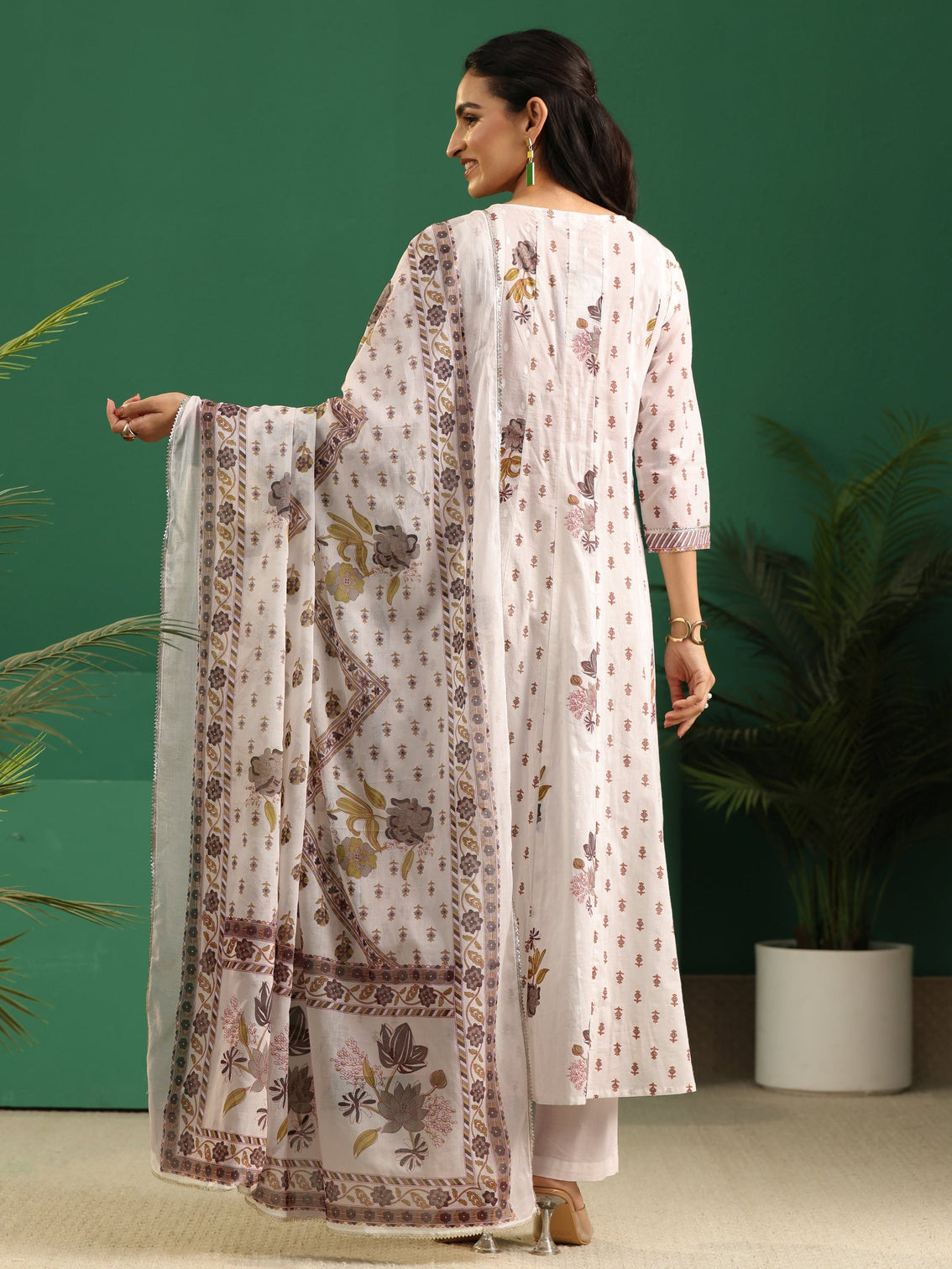 Mameraa Off White Floral Printed Cotton Anarkali Suit Set