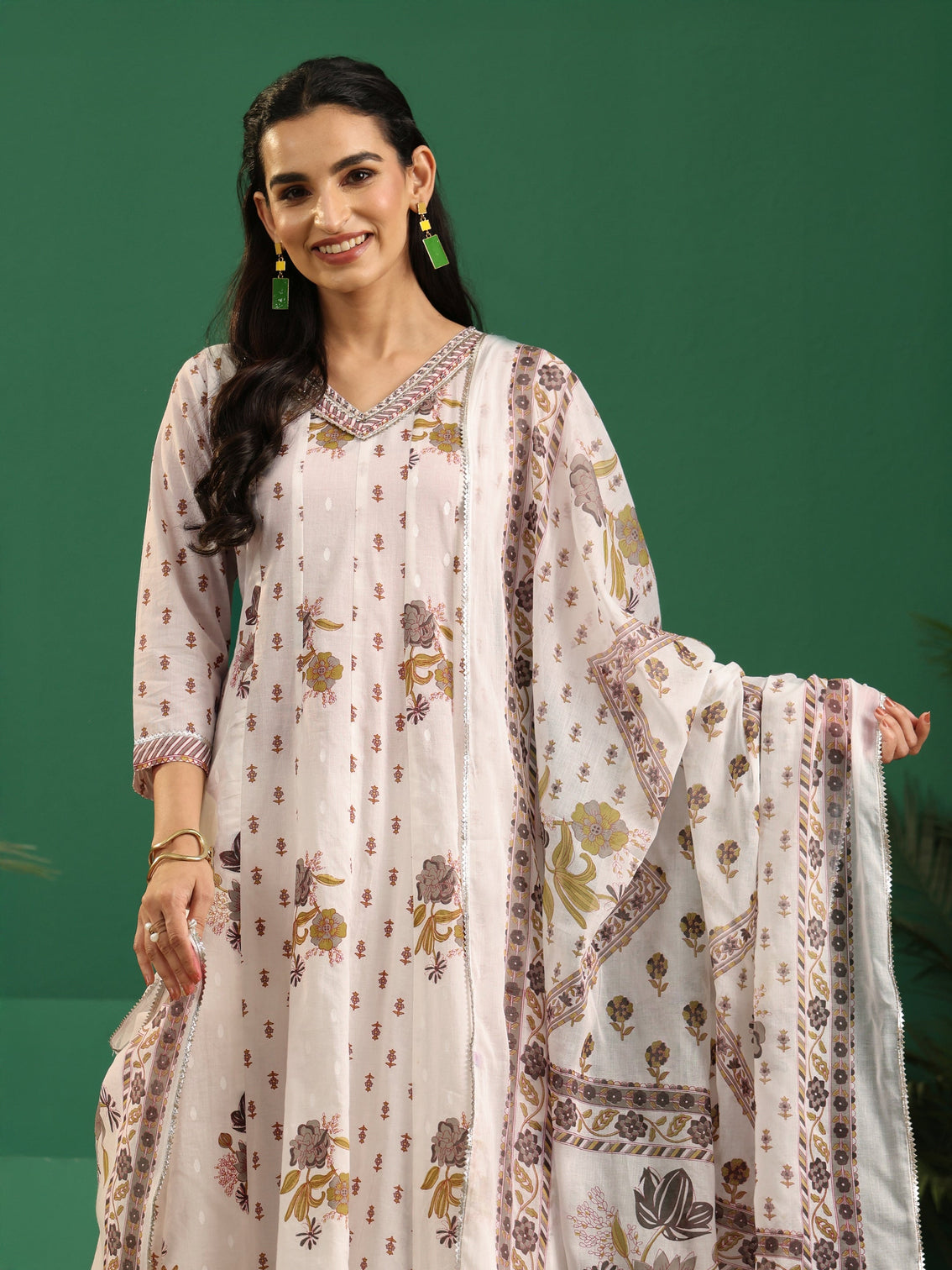 Mameraa Off White Floral Printed Cotton Anarkali Suit Set